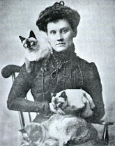 Mrs. Robert Locke, owner of first registered Siamese in America, with Calif, Siam, and Bangkok circa 1899.